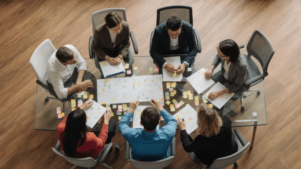 Team discussing collaboration strategies for creators.