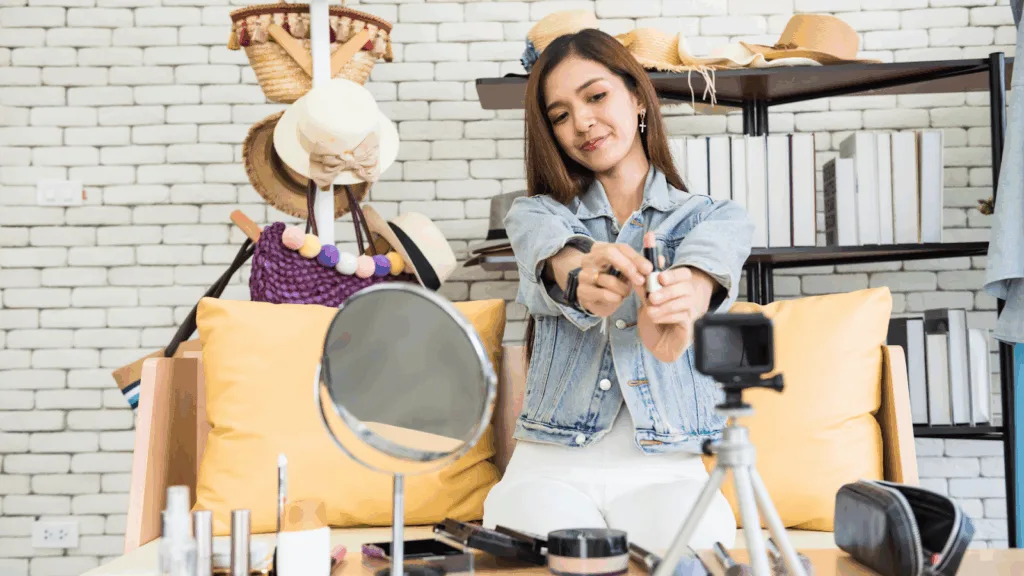 A beauty creator filming a makeup tutorial at home, showcasing products to her online audience as part of her content-driven income strategy in the creator economy.
