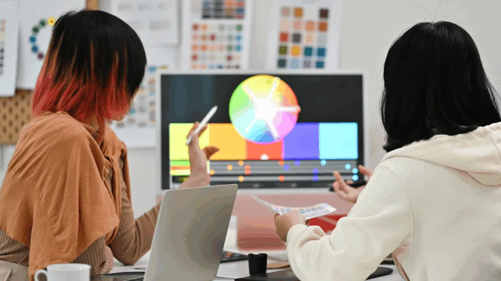 Designers working on color branding and media kit layout.