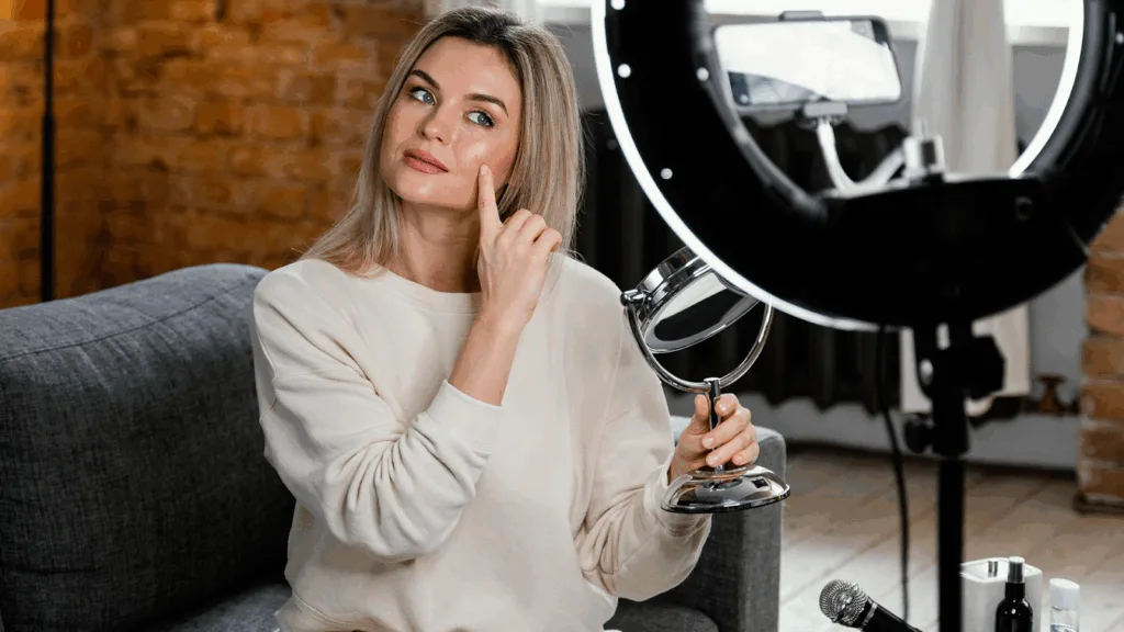 Female influencer glams up before engaging with followers through live video