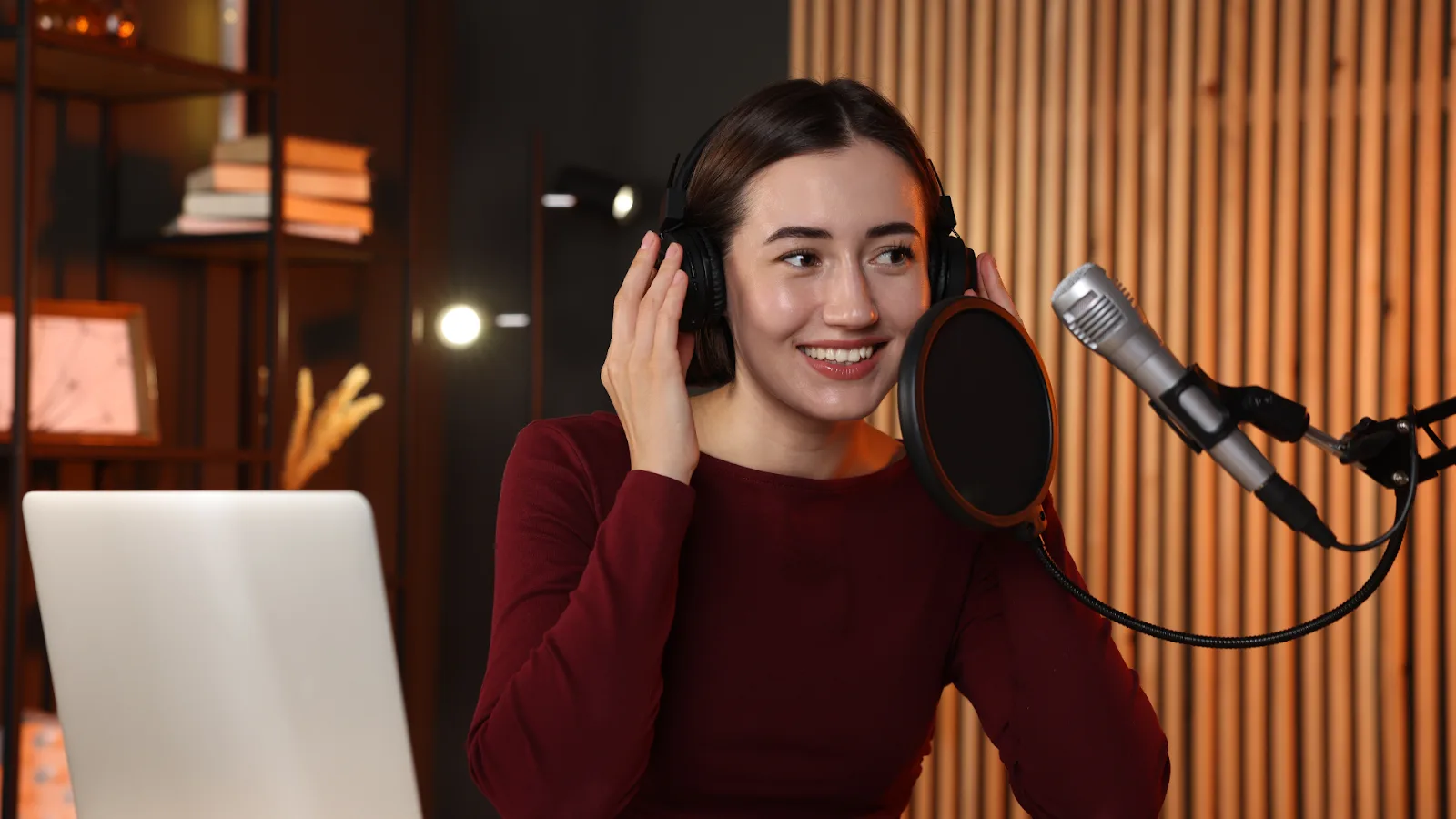 Ambassador recording a podcast episode for a brand partnership