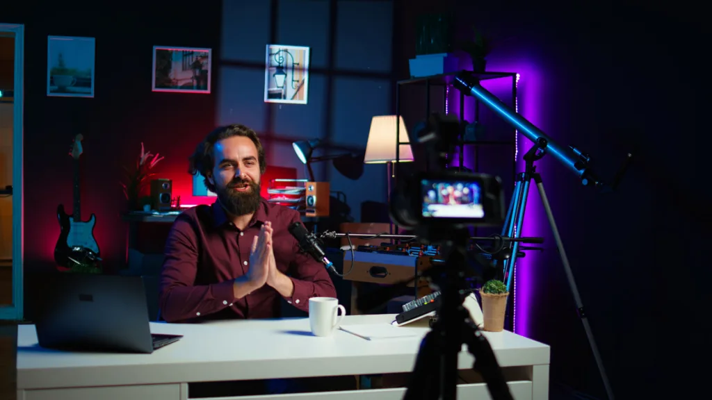 Cannabis content creator filming a CBD product review in a professional home studio setup